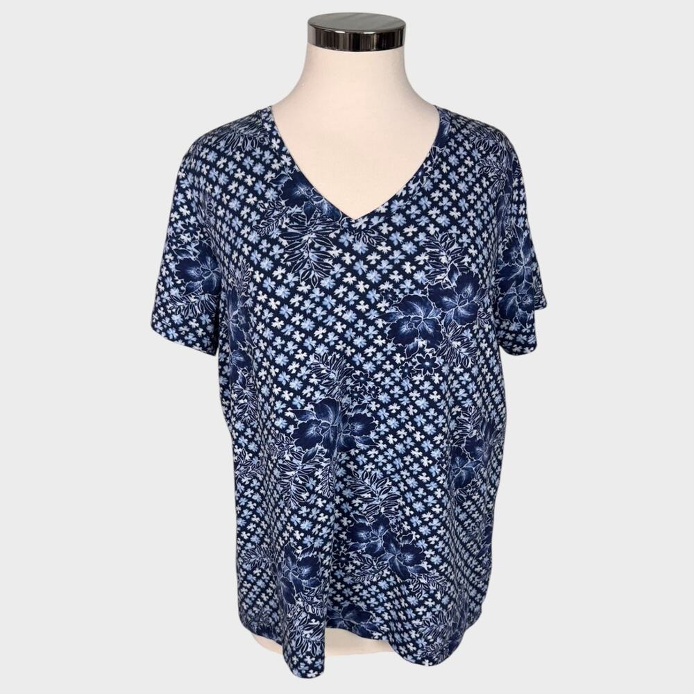 Lands' End Relaxed Fit V Neck Short Sleeve Large Top 100% Cotton